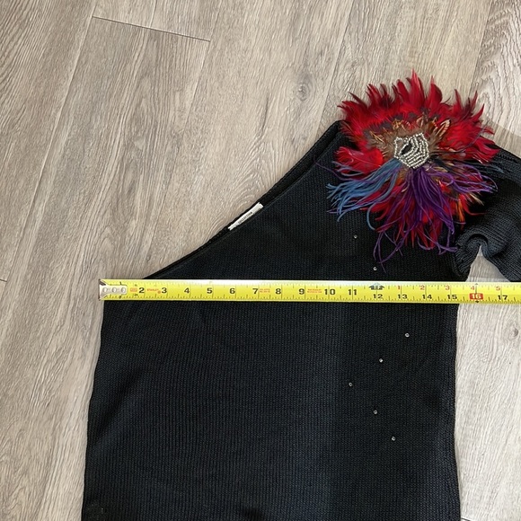 VINTAGE EMBELLISHED 80s Feather red Rosette 1-sleeved knit jersey black 6 - Picture 15 of 16